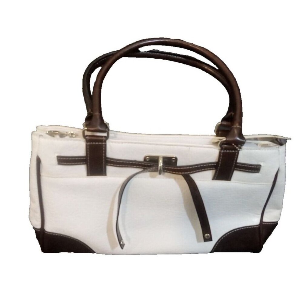Rina Rich Handbag Tote Womens Brown White Double Handles Silver Hardware Zippers